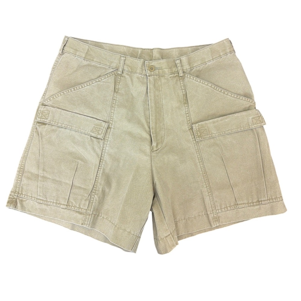 Vintage Sportif Khaki Tan Cotton Canvas Cargo Shorts 34 Y2K Outdoor Hiking